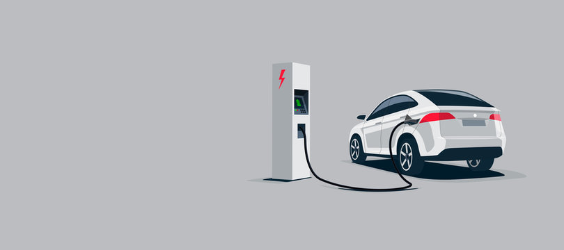 Vector Illustration Of A Luxury White Electric Car Suv Charging At The Electro Charger Station. Car Battery Getting Fast Recharged. Clean Vector Illustration Isolated On Grey Background.