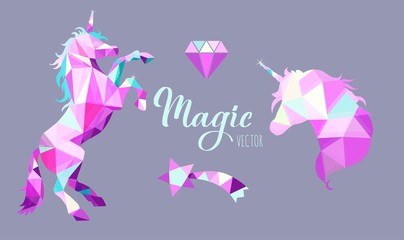 Fairy tale vector geometric Low Poly style collection with Unicorns and other elements of Wizard world