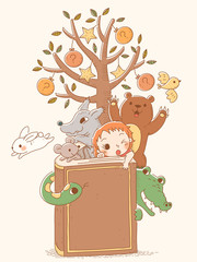 Animals and little girl from books