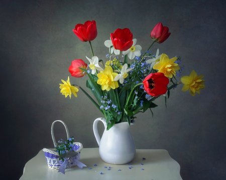 Still life with beautiful bouquet of garden spring flowers