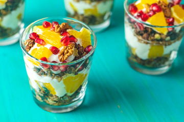 Delicious healthy breakfast concept. Yogurt with granola