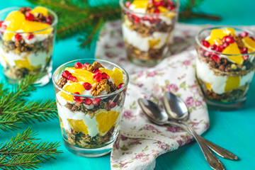 Delicious healthy breakfast concept. Yogurt with granola