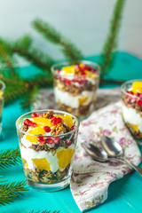 Delicious healthy breakfast concept. Yogurt with granola