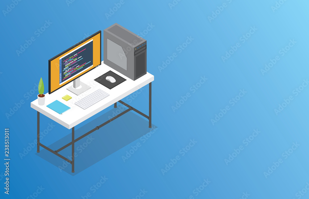 Poster isometric workspace with big space for banner or free text vector