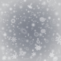 Vector with white blurred snowflakes on gray
