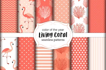 Foto op Canvas Cute set of seamless patterns in color of 2019 year Living Coral. Vector illustration. © C Design Studio