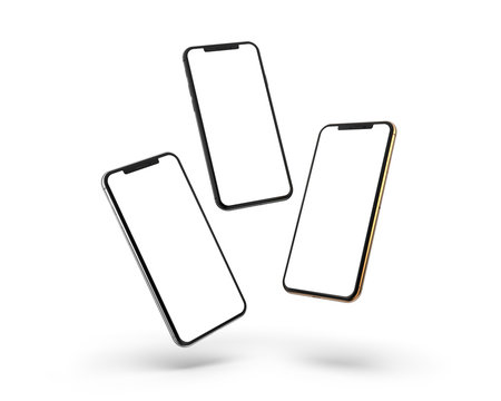 Gold, silver and black smartphones with blank screen, isolated on white background. Template, mockup.