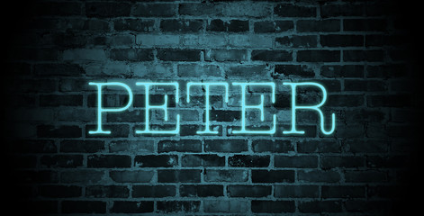 first name Peter in blue neon on brick wall