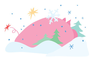 silhouette of a pig against a snowy landscape / winter guest