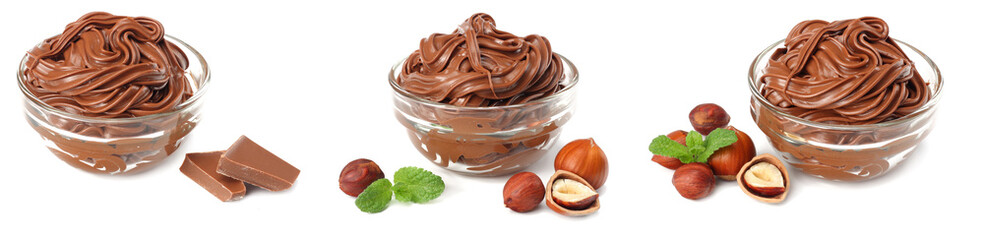 chocolate cream with hazelnut isolated on white background. cream in glass bowl