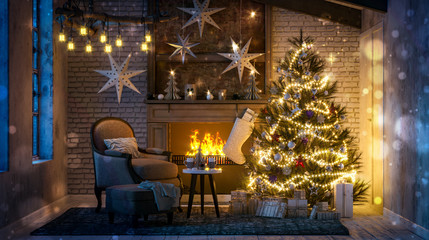 Christmas home decor with fireplace and Christmas tree