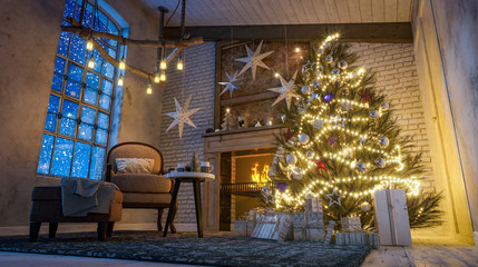 Christmas tree near the fireplace