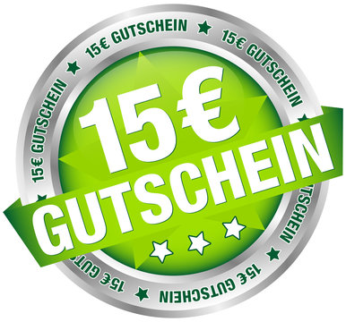 Button Banner "15 € Gutschein" grün/silber