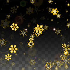 Christmas  Vector Background with Gold Falling Snowflakes Isolated on Transparent Background. Realistic Snow Sparkle Pattern. Snowfall Overlay Print. Winter Sky. Design for Party Invitation.