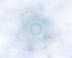 Frosty mystic abstract mandala light blue background.