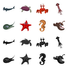 Vector illustration of sea and animal sign. Set of sea and marine vector icon for stock.