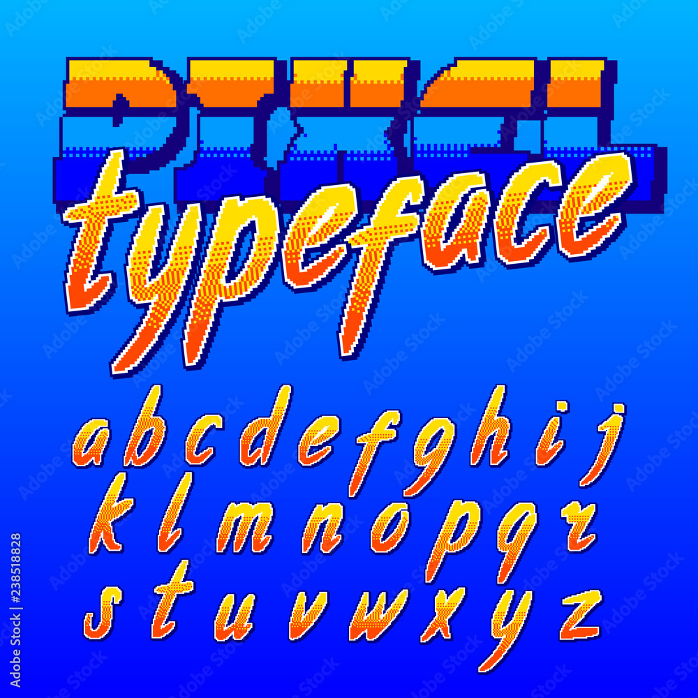 Poster pixel typeface. retro arcade game alphabet font. lowercase script letters. 80s video game typography