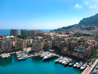 Luxury yacht marina. Port in the Mediterranean Sea overlooking the city of Monaco. Aerial view