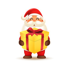 Santa Claus carrying gift box. Merry Christmas and Happy New Year! Holiday greeting card. Isolated vector illustration