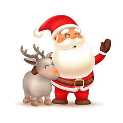 Santa Claus with reindeer. Merry Christmas and Happy New Year! Holiday greeting card. Isolated vector illustration