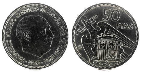 Old Spanish coin of 50 pesetas, Francisco Franco. Year 1957, 59 in the star.