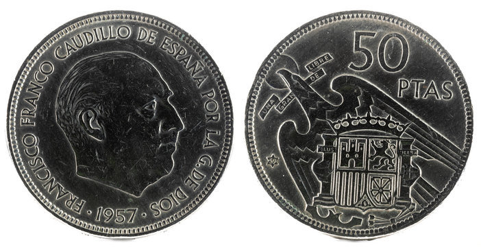 Old Spanish coin of 50 pesetas, Francisco Franco. Year 1957, 59 in the star.