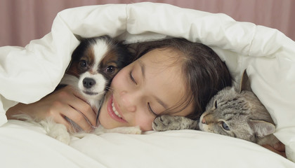 Happy teen girl communicates with dog Papillon and Thai cat in bed