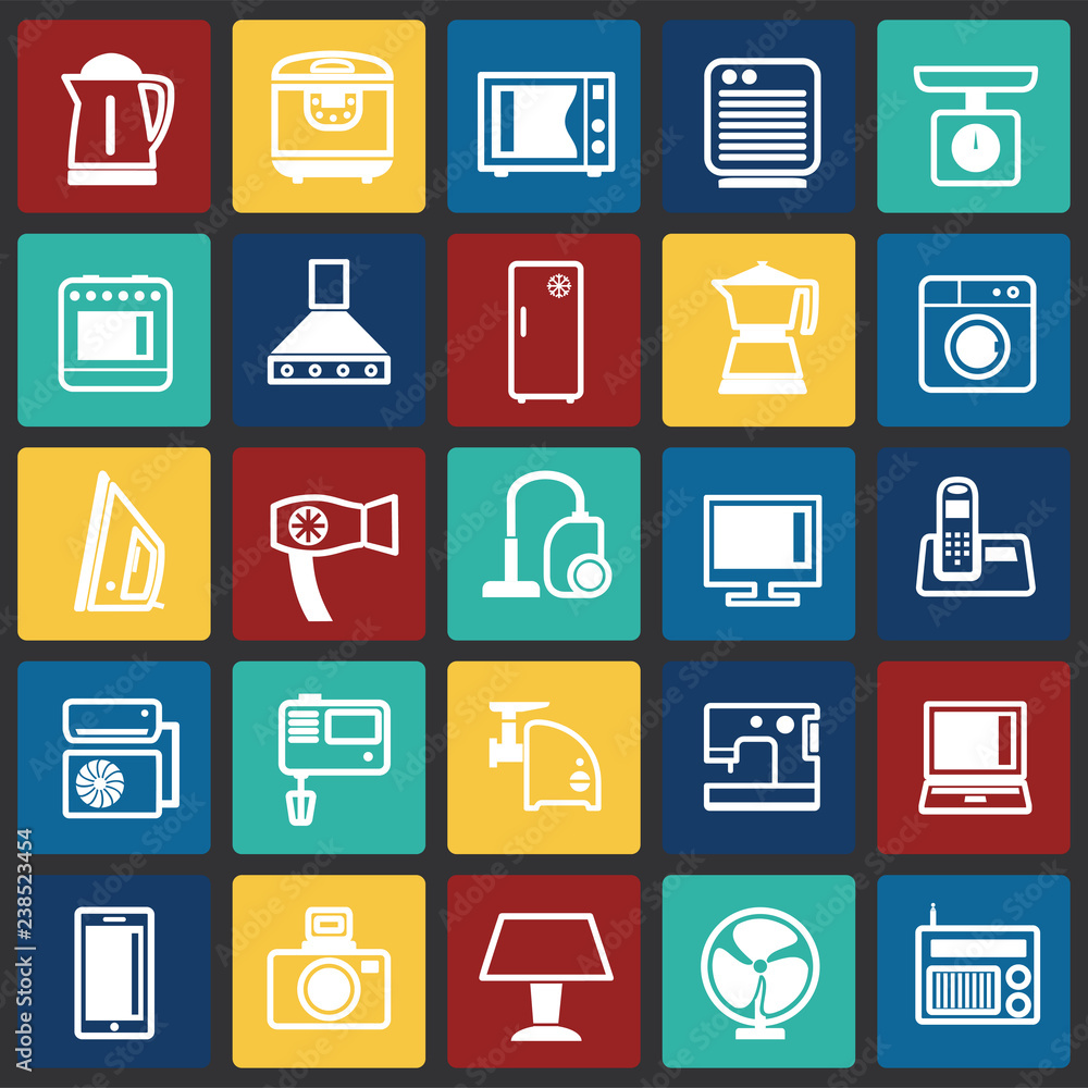 Poster home appliance icons set on color squares background for graphic and web design, modern simple vecto