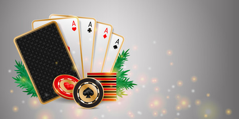 Shiny Christmas casino banner with playing cards, chips and fir branches on grey background. Holiday poker hand