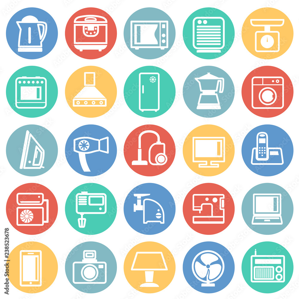Poster home appliance icons set on color circles background for graphic and web design, modern simple vecto