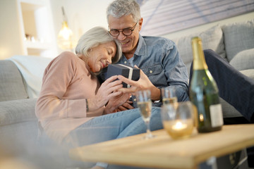  Modern senior couple exchanging gifts at home