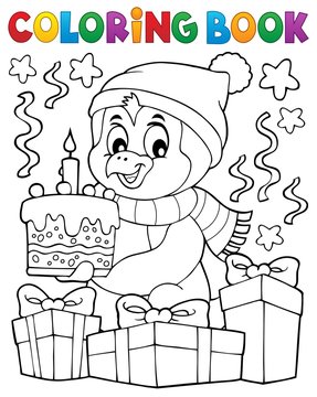 Coloring book penguin with cake theme 2