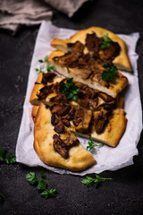 Wild mushroom pizza.. Top view. selective focus