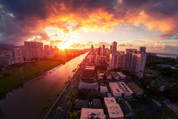 City of Honolulu during colorful sunrise. Hawaii, USA