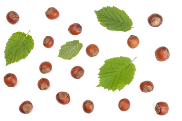 Hazelnut and green leaves of hazelnut isolated on white, top view.