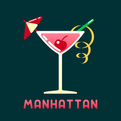 Alcohol cocktail manhattan with decorations and name. Flat style vector illustration. Suitable for advertising, applications, menu design or web