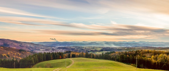 Panorama from Sweigmatt in the Black Forest over the city Wehr to the Alps - obrazy, fototapety, plakaty