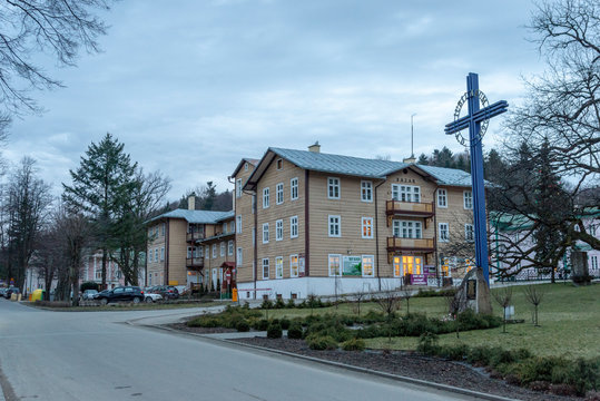 Street in Rymanow Zdroj, small popular town in Poland