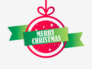 Merry Christmas. Red christmas ball with green ribbon. Vector illustration