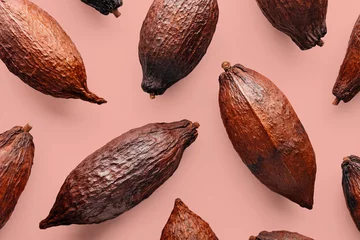 Foto op Aluminium Cocoa pods on a pink background, creative flat lay food concept © SEE D JAN