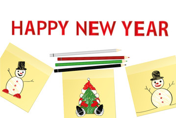 Hand-drawn christmas tree and santa claus and snowman on three yellow stickers. Greeting card. Vector with colorful pencils on white background