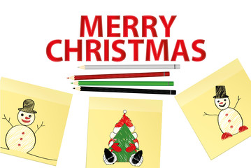 Hand-drawn christmas tree and santa claus and snowman on three yellow stickers. Greeting card. Vector with colorful pencils on white background