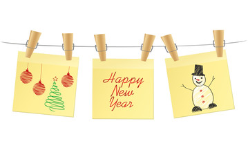 Hand-drawn christmas tree and snowman and red balls on three yellow stickers. Greeting card. Vector on white background