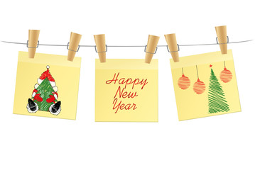 Hand-drawn christmas tree and snowman and red balls on three yellow stickers. Greeting card. Vector on white background