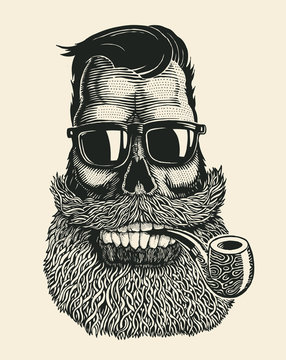 Skull hipster with mustache, beard, tobacco pipes and sunglasses. vector illustration.