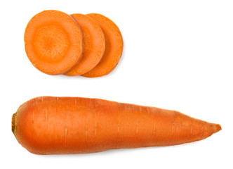 Carrots and slices isolated on white, top view