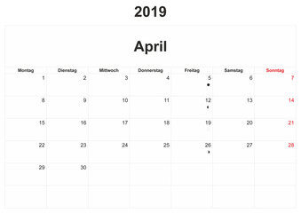 2019 German monthly calendar with white background.