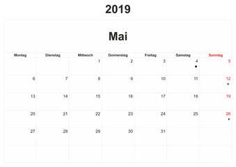 2019 German monthly calendar with white background.