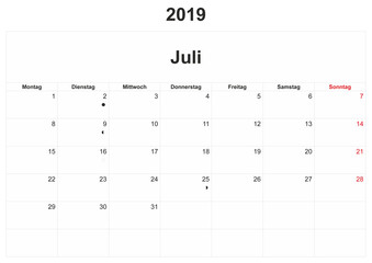 2019 German monthly calendar with white background.
