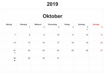 2019 German monthly calendar with white background.